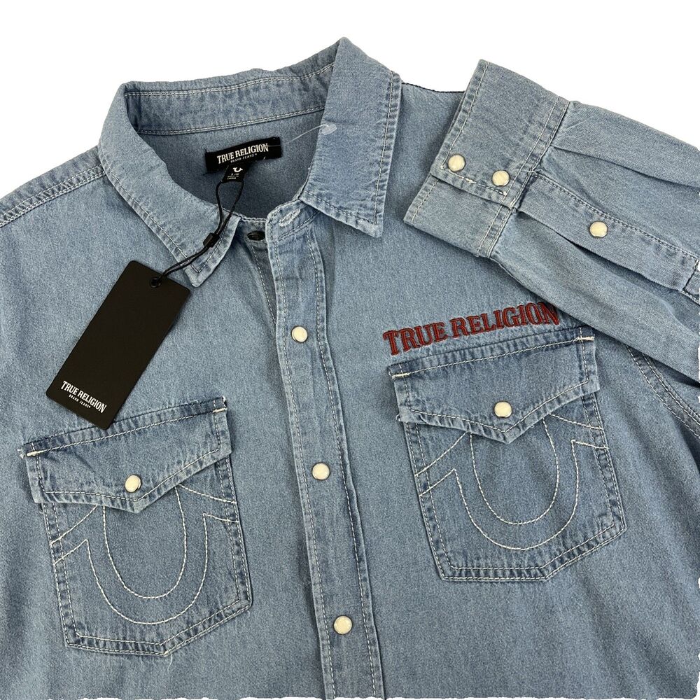 New True Religion Men's Sz Large Chambray Western‎ Pearl Snap Shirt Blue NWT $99